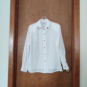 Koret Ivory Floral Button Up Blouse Embroidered Cottage Praire Shoulder Pads